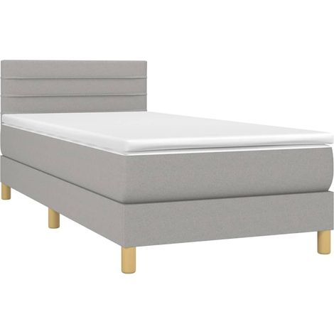 Estructura de cama LED con somier de láminas, cabecero, colchón 90x190cm, tela gris claro TDL0209474