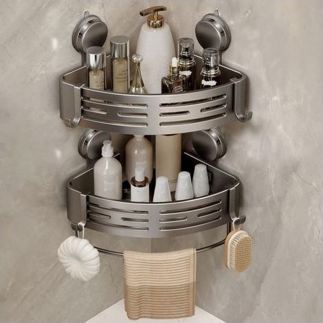 Etagere Douche Angle Ventouse, 2 PièCes Etagere Angle Salle De Bain Sans Percage avec Porte Serviettes et Crochets Rangement et Organisation (Gris)