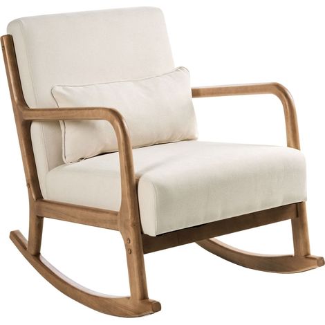 Sedia a dondolo classica retrò con braccioli e cuscino Gambe in legno di gomma Tessuto beige chiaro Skovde