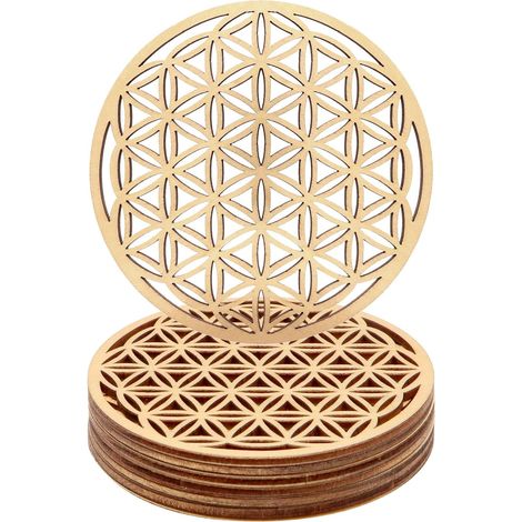 Satz mit 10 Holz-Untersetzer, Blumen des Lebens-Motiv, für Meditation, Innendekoration und Gastronomie (10 x 10 cm) (1/5)