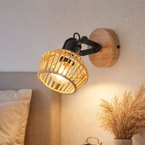 LED Wandleuchte Wandlampe Wohnzimmerleuchte Hanfseil Holzoptik verstellbar, Metall schwarz,7W 806lm warmweiß, BxH 16x22 cm