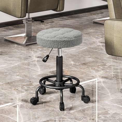 Taburete Giratorio Redondo Taburete con Ruedas Altura Regulable 50-66 cm Asiento Tapizado en Tejido de Borreguito Gris (1/5)