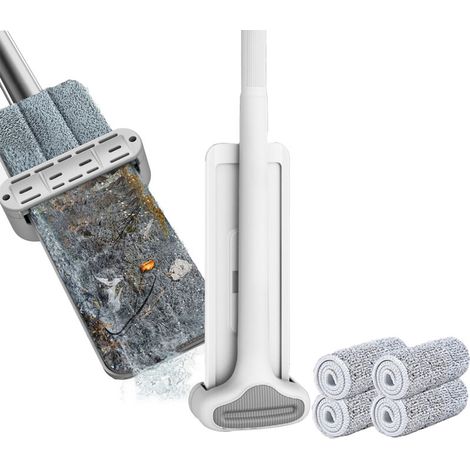 SJLERST Balai à franges en microfibres de 32 cm pour le nettoyage des sols, balai à franges réutilisable avec 4 tampons de recharge souples (1/5)