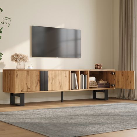 Mobile TV con 3 Ante, 2 Vani Aperti, Passacavi e Gambe in Metallo, MDF e Pannello di Particelle, Naturale, 160×40×50 cm (1/5)