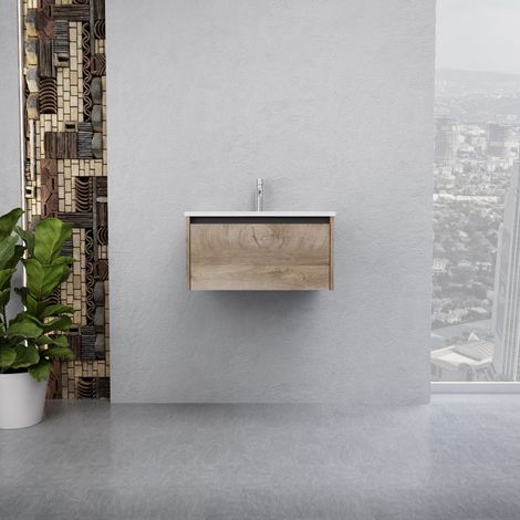 Inda - Badezimmerschrank 1 Schublade B.60 mit glänzendem Waschbecken / Natureiche - Smeraldo