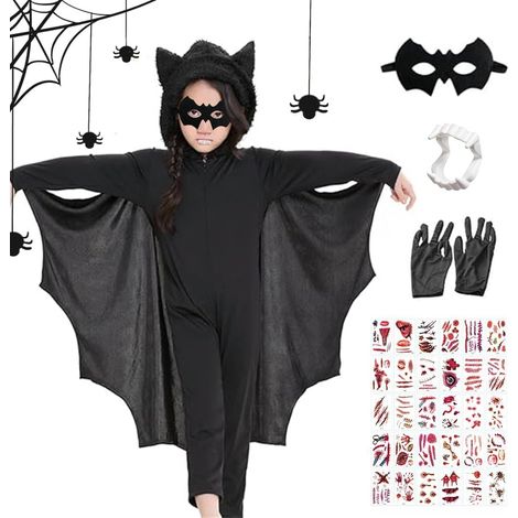 Disfraz infantil de murciélago - Capa de murciélago - Con colmillos de vampiro, máscara, pegatinas de tatuajes y guantes - Para Halloween, cosplay, carnaval (1/5)