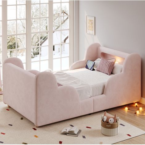 Cama infantil 90x200 cm estilo nube en terciopelo rosa con barandillas acolchadas, luz nocturna, USB/Type-C y somier (1/5)