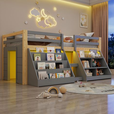 Lit Mezzanine Enfant  90x200cm Lit mi-hauteur avec Rangement, Éclairage LED ,garde-corps ,échelle – pin massif - Gris (1/5)
