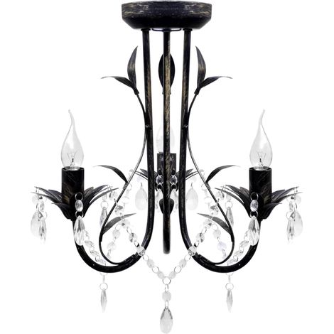 Art Nouveau Style Black Metal Chandelier with Crystal Beads 3 x E14 Bulbs