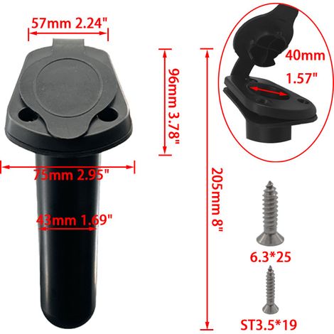 Black fishing rod holder made of marine nylon, angled fishing rod holder, fishing rod holder, accessories for marine and yachting, waterproof fishing rod holder with round bottom.