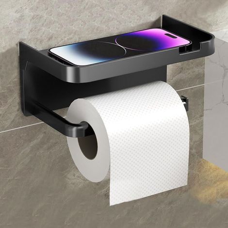 Porte Papier Toilette avec étagère pour téléphone, Support de Papier Toilette Autocollant avec étagère pour téléphone, Support Mural pour Rouleau de Papier Toilette pour Salle de Bain, Noir Mat (1/5)
