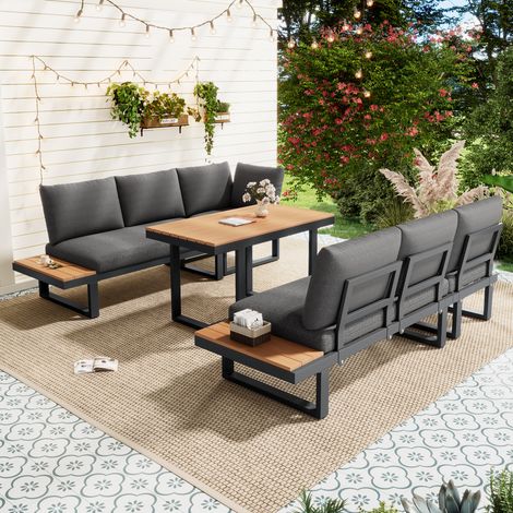 REDOM Salotto da giardino ad angolo, tavolo 105x70 cm, schienale reclinabile 5 posizioni, vani laterali, acciaio grigio nero (1/5)