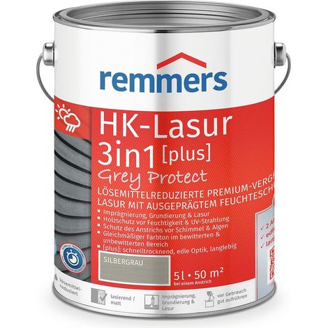 Remmers HK-Lasur 3in1 Grey Protect [plus] silbergrau, matt, 5 Liter, Holzlasur, Premium Holzlasur außen, natürliche Grautöne, 3in1 Holzschutz