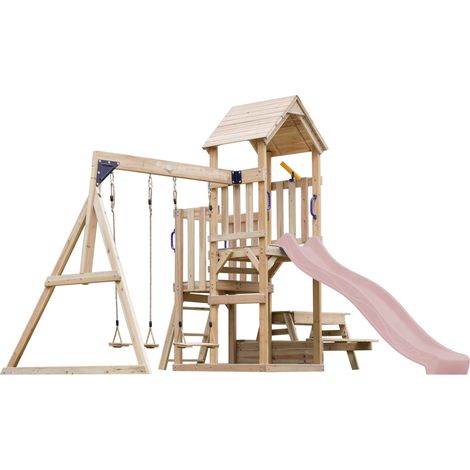 Axi Mette Aire De Jeux En Bois Avec 2 Balançoires, Toboggan Rose Pastel, Table De Pique Nique / Aire De Jeux Extérieur Avec Balançoires/ Bac À Sable/Téléscope Portique Balançoire/Jeux En Bois Extérieu