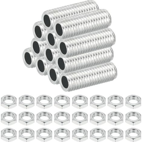Tige Filetée Creuse M8 Filetage Fin pour Lampe en Acier au Carbone avec Écrou, 12 pcs 25mm Adaptateur de Filetage Tube Creux, Matériel Fixation pour Lampes, Placage de Zinc Blanc (1/5)