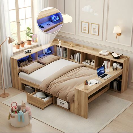 Cama infantil con almacenamiento y escritorio LED natural OKMYHOME (1/5)