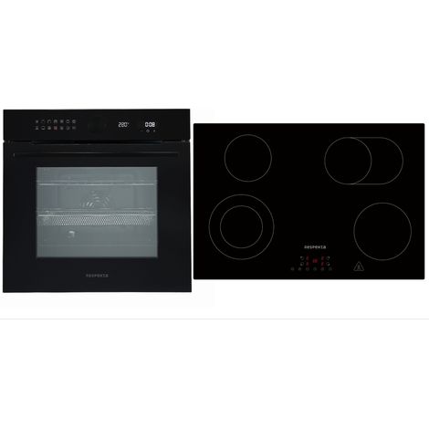 Backofen Herd Kochfeld Schwarz 77cm Glaskeramik Set autark Pyrolyse Respekta (1/4)
