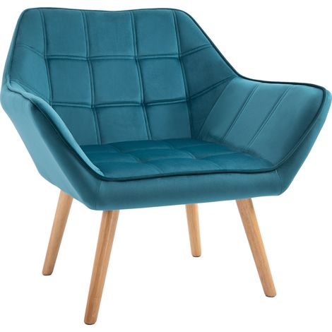 Fauteuil salon scandinave TASIILAQ bois et velours bleu canard