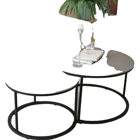 Ensemble de tables gigognes, plateau en pierre frittée moderne, design gain de place, GRIS FONCÉ (1/2)