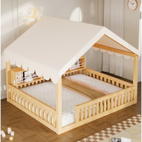 Lit cabane 140x200 cm naturel en bois avec toit en tissu, éclairage LED, bibliothèque et barrières (1/5)