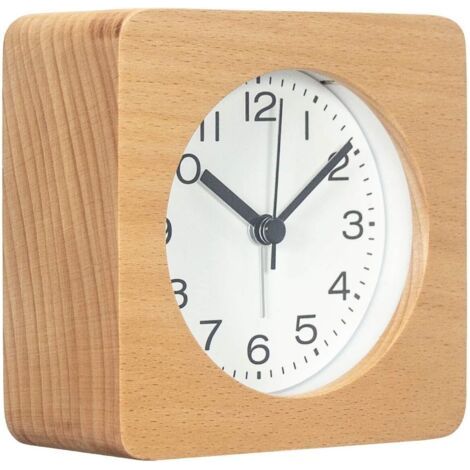 Réveil carré en bois de 7,6 cm avec chiffres arabes, sans tic-tac, silencieux, rétroéclairé, à piles (jaune) (1/5)