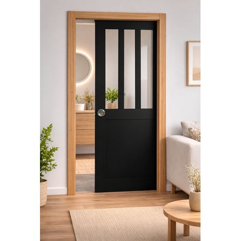 Porte Coulissante Atelier Noir H204 X L93 Cm, Galandage, Kit Finition (coquille Et Tire Doigt) Gd Menuiseries