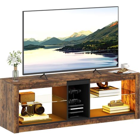 Un meuble TV avec éclairage LED et télécommande, comprenant des étagères et des étagères ouvertes, mesurant 140x35x47 cm, de couleur marron.