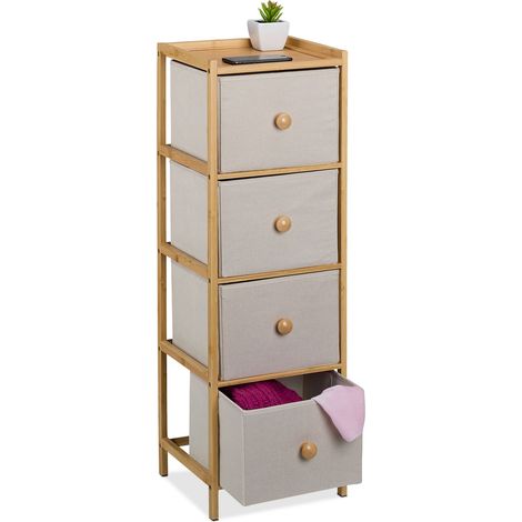 Relaxdays Cassettiera Camera da Letto, Comò 4 Cassetti in Tessuto, HLP: 94x31x30 cm, Settimino in Bambù Naturale, Beige