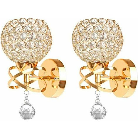 Lot de 2 appliques murales d'intérieur en cristal modernes avec grande boule de cristal LED applique murale de chevet vintage pour salle à manger salon chambre LED non incluse (doré) (1/5)