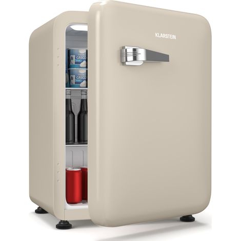 Klarstein Audrey Evo 68L Retro Mini Fridge - Quiet 40 dB, Adjustable Thermostat, Reversible Door, Bedroom Fridge, Small Fridge for Bedrooms, Offices, Cream