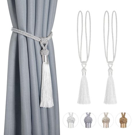 Lot de 2 Embrasses de Rideaux Corde Tressée Polyester Coton Sangle Embrasses de Draperie avec Gland Décoratives Accessoires de Rideau,Blanche (1/5)