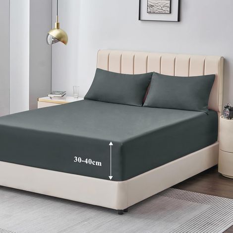 Drap Housse 160x200 Grand Bonnet 40 cm - Drap Housse 2 Personnes 160 x 200 Grand Bonnet 40 cm Matelas en Microfibre avec Élastique Tout Autour, Gris Foncé (1/5)
