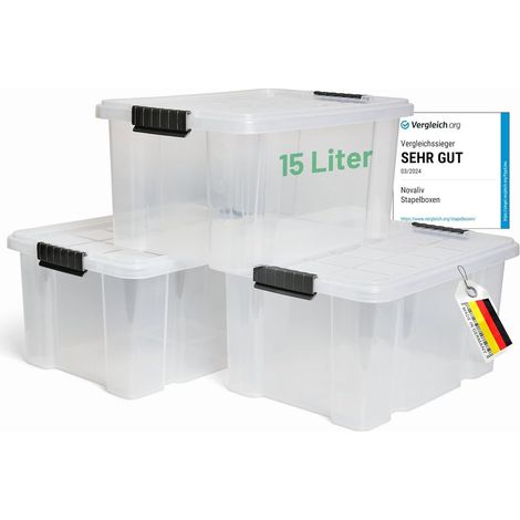 Novaliv 3x boîtes de rangement avec couvercle 15L boîtes de rangement empilables emboîtables transparentes avec fermeture à clip boîte en plastique