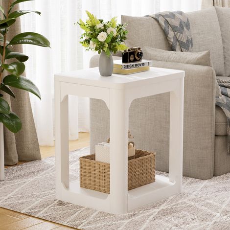 Lot de 2 tables d'appoint 50 cm, tables d’appoint à 2 niveaux, plateau épais 3 cm, pour chambre et salon, blanc (1/5)