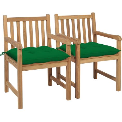Gartenstühle 2 Stk. mit Grünen Kissen Massivholz Teak