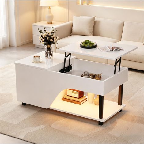 Tavolino da caffè sollevabile 100x50x46 cm bianco con vano nascosto, legno e metallo, MEUBLIV (1/5)