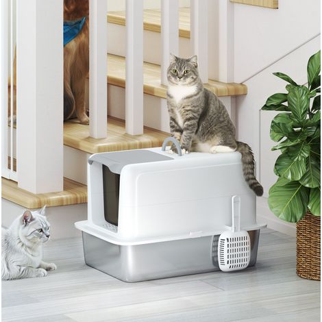 Arenero para gatos con tapa 60,5x40,5x41,5 cm de acero Blanco fácil de montar FloraGrace (1/5)