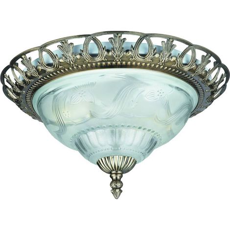 Searchlight Flush - Plafonnier affleurant à 2 ampoules en laiton antique avec diffuseur en verre givré, E14 (1/6)