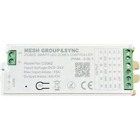 Centralina Controller 5 In 1 ZigBee, RF 2.4G TUYA, Smart Life, Max 15A Tot. (6A/CH) DC5-24V 360W, Per Striscia Led Mono Colore, CCT, RGB, RGBW, RGBCCT