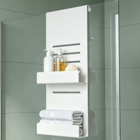 Mai & Mai Duschablage zum Hängen, Duschregal Ohne Bohren für Glasduschtüren, Hängeregal mit 2 Etagen und 3 Haken, Badezimmer Organizer Sandweiß 30x60x8cm Oryne-01