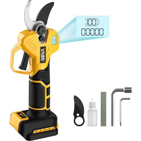 Taille-arbres électrique alimenté par batterie 18V avec écran LCD, lames SK5 et diamètre de coupe réglable de 2 à 3 cm.