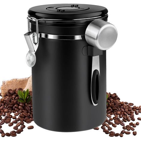 Boîte à café hermétique en acier inoxydable de 1,8 l avec cuillère, grains de café, boîte de conservation avec affichage de la date, noir (1/4)