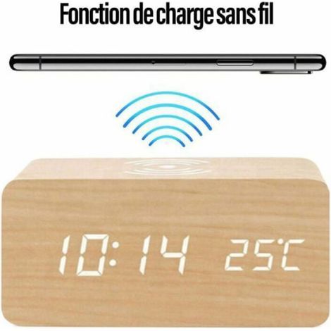 1 Réveil électronique, Chargement sans fil, Affichage LED rouge et blanc, Bois naturel, Pour chambre (1/5)