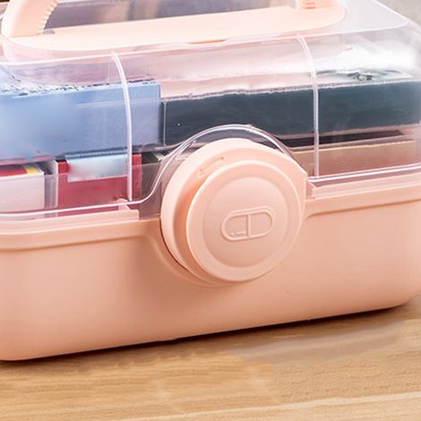 Grande trousse de premiers soins familiale, capacité élevée, boîte à médicaments domestique multicouche avec compartiments amovibles, rose corail. (1/3)