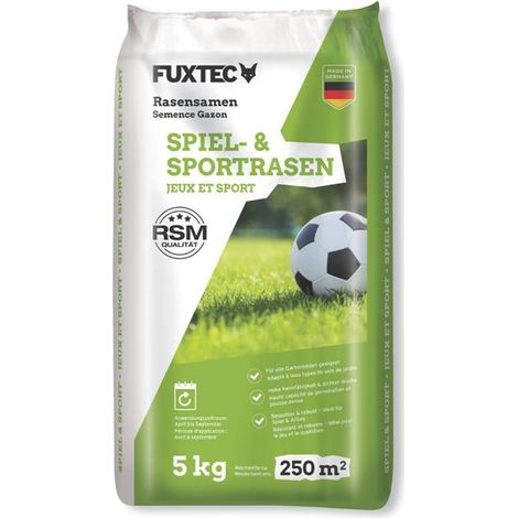 FUXTEC Rasensamen Spiel- & Sportrasen FX-RSSP5, robuster Rasensamen für Neu- und Nachsaat, hohe Keimkraft, 5 kg für ca. 250 m²