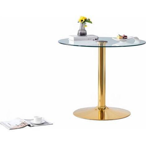 ELVMI Tavolo da Bar Rotondo con Piano in Vetro Temperato e Base in Metallo, per Cucina, Ø 85 x 76 cm, Oro Trasparente (1/5)