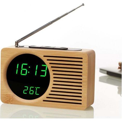 Radio réveil en bois de chevet rétro, réveil silencieux paresseux, horloge électronique cadeau créatif. (1/3)