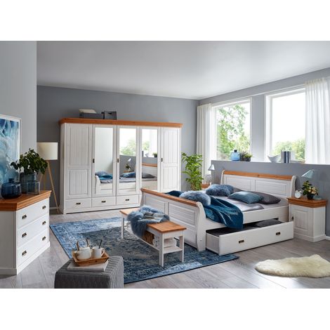 Schlafzimmer komplett Set SAVONA-69 in Kiefer massiv weiß mit honig (1/5)