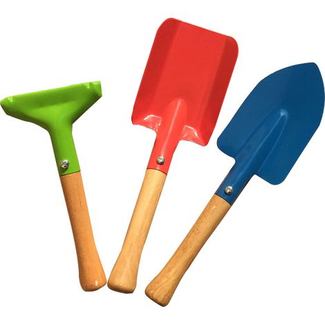 Kinder-Gartenset mit Metallwerkzeugen – Kleiner Gärtner: Pflanzkelle, Rechen und Schaufel aus robustem Metall mit Holzgriffen, 3 farbenfrohe Werkzeuge für Kinder von 3 bis 13 Jahren (1/3)