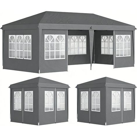 3er-Set pavillon ca. 3x6m Wasserdicht Pop-up Faltpavillon mit 4 Seitenwänden, Fenster UV-Schutz Tragetasche Grau